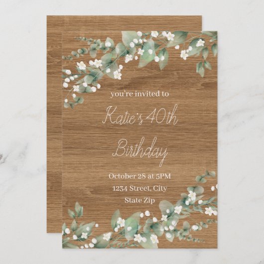 40th Birthday Invitation – Rustic Greenery | Forty 招待状 (正面/裏面)