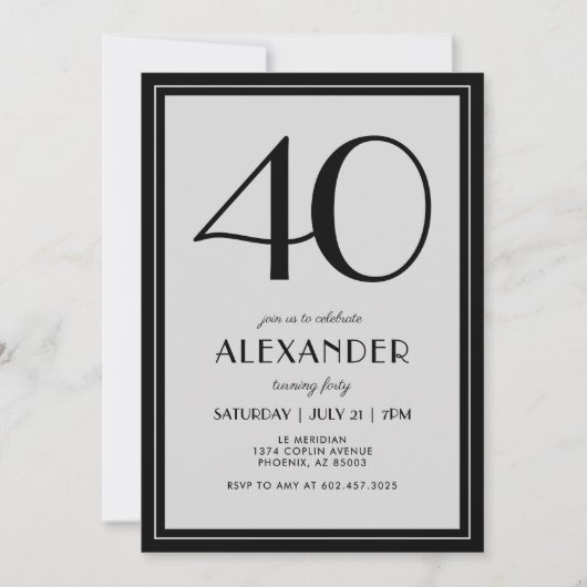 40th Birthday Modern Minimalist Mens Black Gray 招待状 (正面)