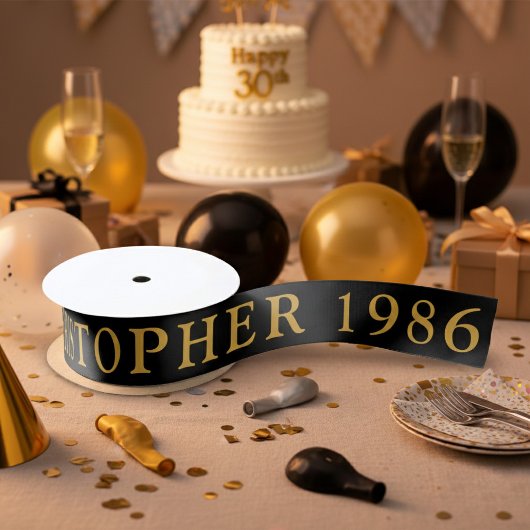 40th Birthday Name 1986 Black Gold Elegant Chic サテンリボン