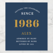 40th Birthday Name 1986 Blue Gold Elegant Chic ワインラベル (シングルラベル)