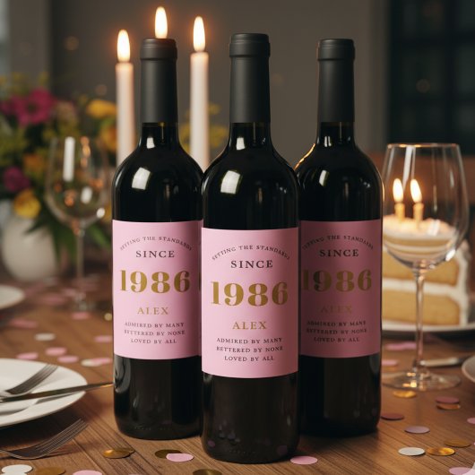 40th Birthday Name 1986 Pink Gold Elegant Chic ワインラベル