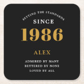 40th Birthday Name 1986 Year Black Gold Custom スクエアペーパーコースター (正面)