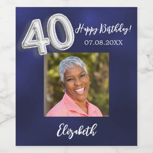40th Birthday navy青い写真 ワインラベル (シングルラベル)