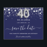 40th birthday navy blue silver dateカー救ド<br><div class="desc">Aとガーリートレンディー40歳の誕生日パーティーの日付カードを保存。紺色の背景。銀飾フェイク星を持つ。文字：日付の保存は大きな書トレンディーの手入力スタイルスクリプトで行う。40番はバ書ロンスタイルフォント。</div>