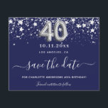 40th birthday navy blue silver dateカー救ド<br><div class="desc">Aとガーリートレンディー40歳の誕生日パーティーの日付カードを保存。紺色の背景。銀飾フェイク星を持つ。文字：日付の保存は大きな書トレンディーの手入力スタイルスクリプトで行う。40番はバ書ロンスタイルフォント。</div>