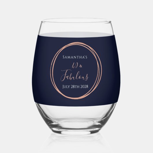 40th Birthday Navy Rose Gold Party Favor ステムなしワイングラス (正面)