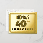 40th Birthday Party ~ Art Deco Style “40”   Name 箔招待状ポストカード<br><div class="desc">The front of this stylish and 1920s-1930s style inspired fortieth birthday celebration/party foil invitation postcard design features a custom name, a fancy art deco style inspired number “40th”, the message “BIRTHDAY PARTY”, and a border pattern consisting of lines. The back features personalized details about the event, such as the date,...</div>