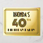 40th Birthday Party ~ Art Deco Style “40” + Name 箔招待状ポストカード (正面)