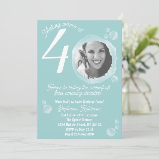 40th Birthday Party Bubble Muted Teal Invitation 招待状 (スタンド正面)