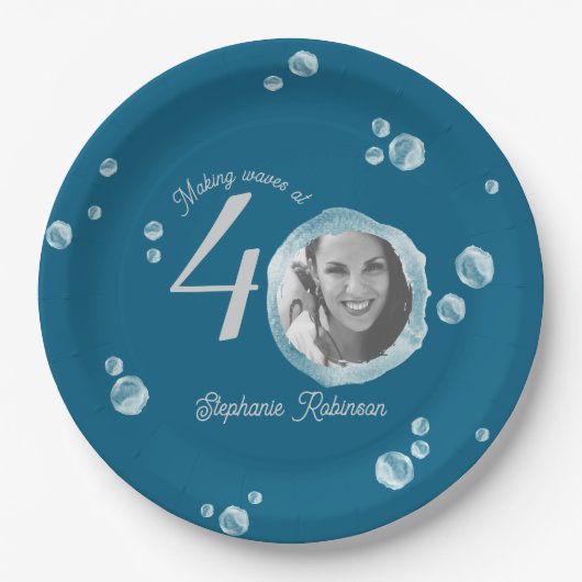40th Birthday Party Bubble Twilight Blue ペーパープレート (正面)
