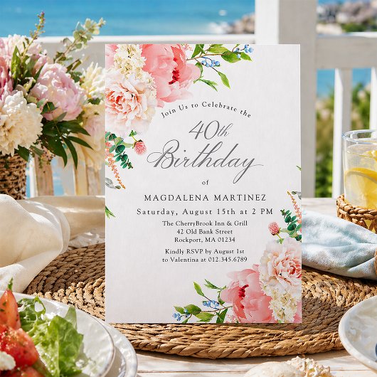 40th Birthday Party Feminine Pink Roses Floral Inv 招待状