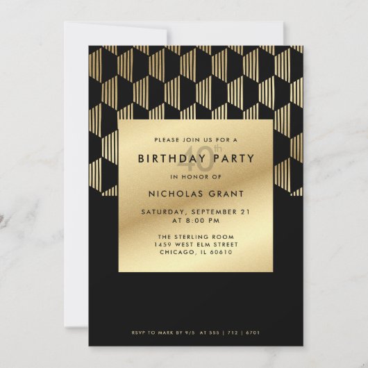 40th Birthday Party Modern Black and Gold Foil 招待状 (正面)