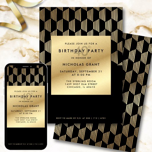 40th Birthday Party Modern Black and Gold Foil 招待状