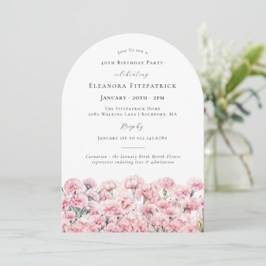40th Birthday Pink Carnation January Birth Flower 招待状 (スタンド正面)