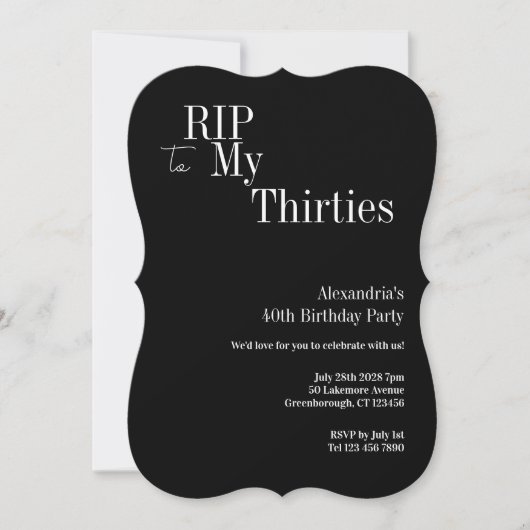 40th Birthday RIP 30s Black and White Party 招待状 (正面)