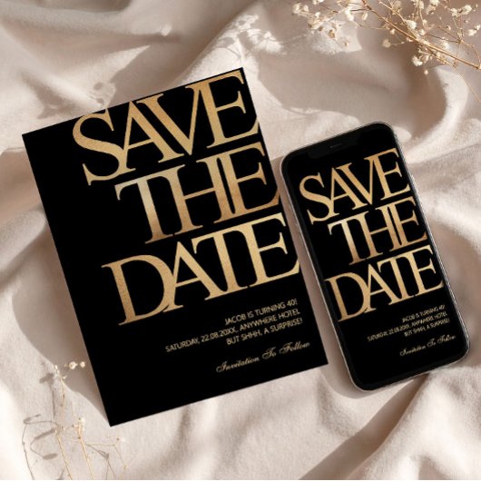 40th Birthday Save the Date Black & Gold 招待状