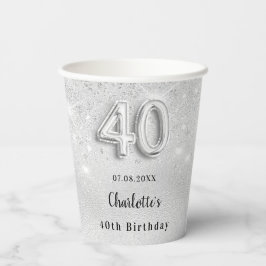 40th birthday silverグリッター名エレガント 紙コップ
