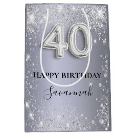 40th birthday silverグリッター名 ミディアムペーパーバッグ