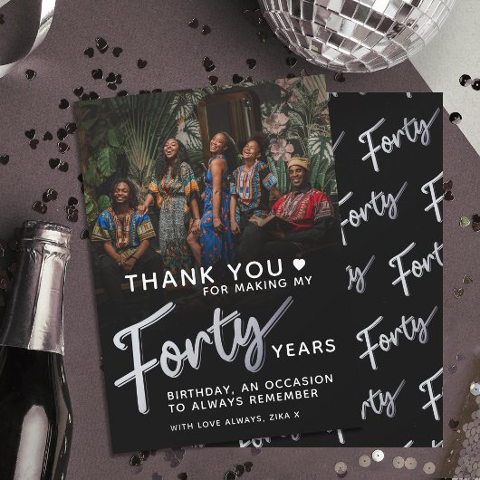 40th birthday silver black forty script text  サンキューカード