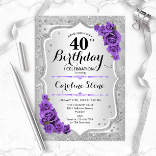 40th Birthday - Silver Stripes Purple Roses 招待状
