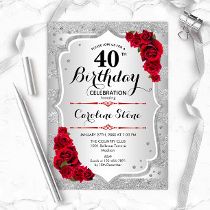 40th Birthday - Silver Stripes Red Roses 招待状