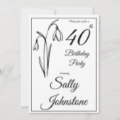 40th Birthday Snowdrop Floral Black And White 招待状 (正面)