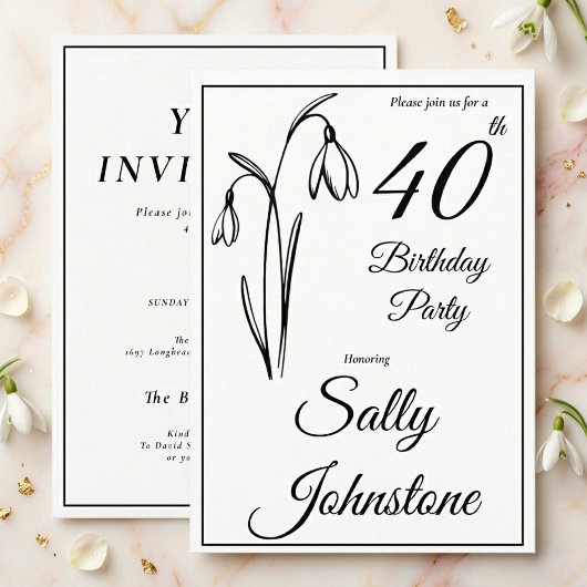 40th Birthday Snowdrop Floral Black And White 招待状