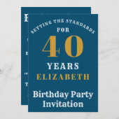 40th Birthday Standards青い金ゴールドあなたの名前を追加 招待状 (正面/裏面)