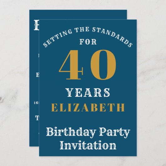 40th Birthday Standards青い金ゴールドあなたの名前を追加 招待状 (正面/裏面)