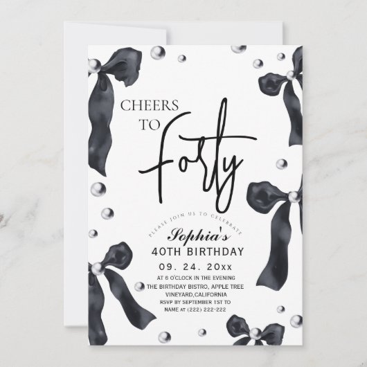 40th Black White Bow Birthday Party 招待状 (正面)