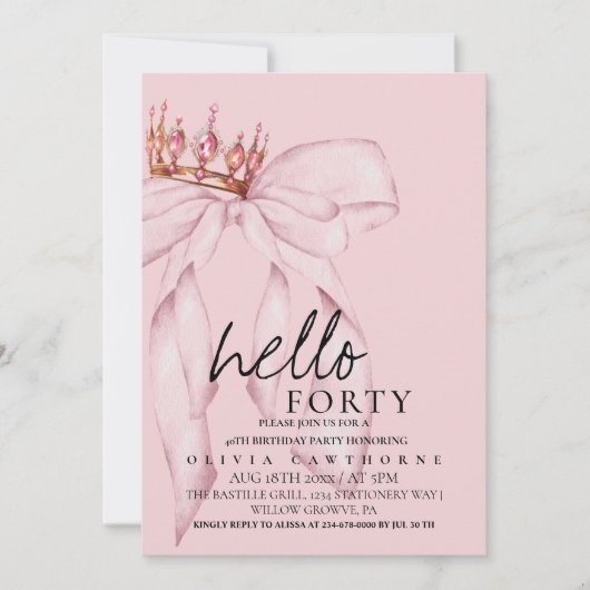 40th Dusty Rose Bow Surprise Birthday Party 招待状 (正面)