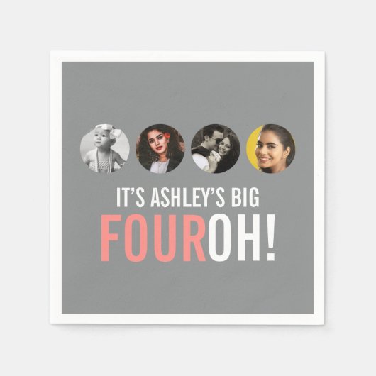 40th FOUROHグレーとピンク!4枚の写真の誕生日 スタンダードカクテルナプキン (正面)
