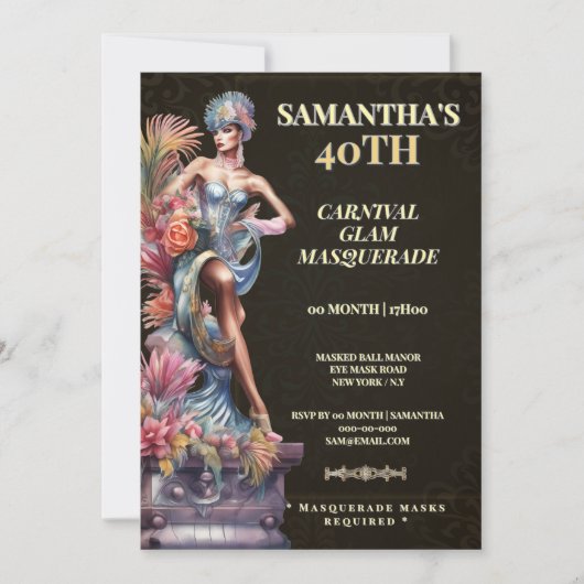 40th Masquerade Birthday Invitation Black Gold 招待状 (正面)