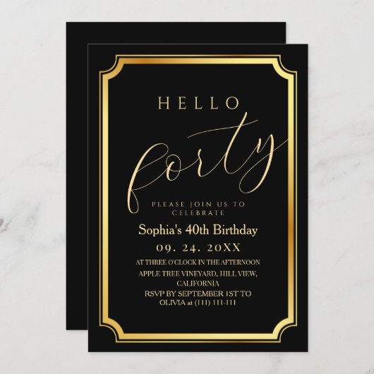 40th Modern & Minimal Black Birthday Party 招待状 (正面/裏面)