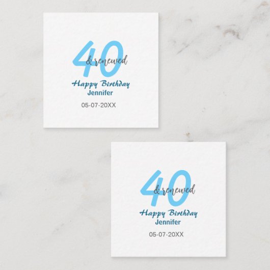 40th & renewed birthday name date blue bold number スクエア名刺 (正面/裏面)