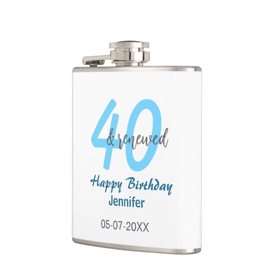 40th & renewed birthday name date blue bold number フラスク (左)