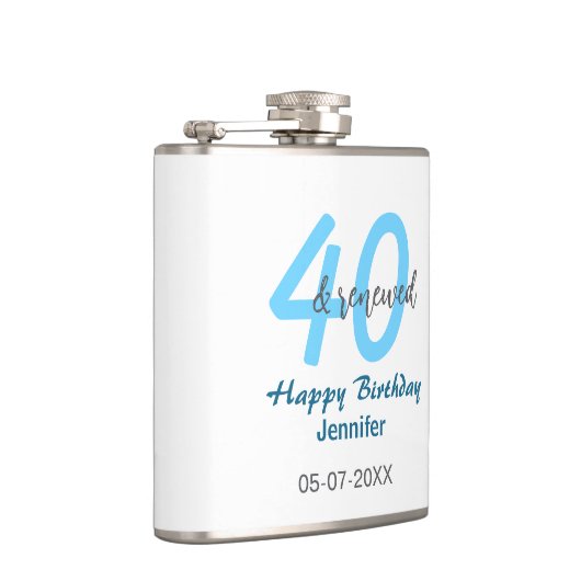 40th & renewed birthday name date blue bold number フラスク (右)