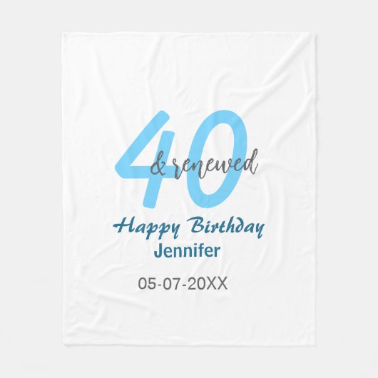 40th & renewed birthday name date blue bold number フリースブランケット (正面)