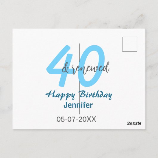 40th & renewed birthday name date blue bold number ポストカード (裏面)