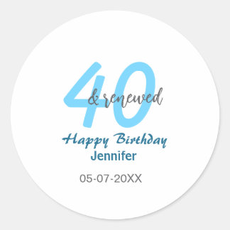 40th & renewed birthday name date blue bold number ラウンドシール