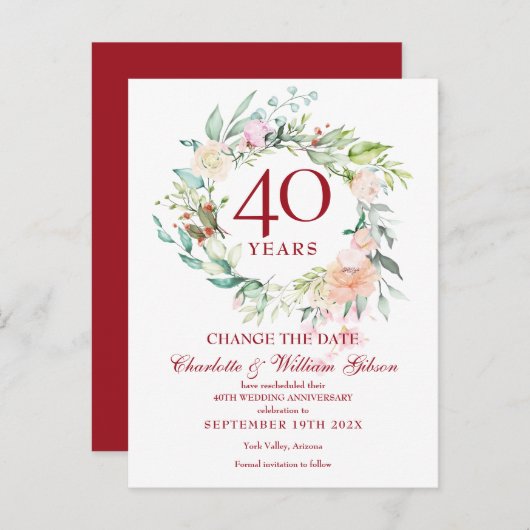 40th Rubyの結婚記念日の変更 案内ポストカード (正面/裏面)