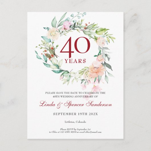 40th Rubyの結婚記念日を保存 案内ポストカード (正面)