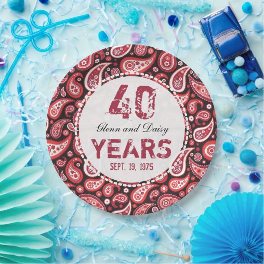 40th Rubyの記念日結婚ペイズリーパターン ペーパープレート (パーティー)
