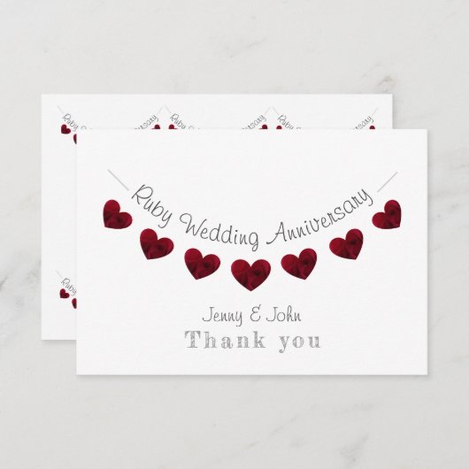 40th Rubyの記念日結婚赤いハートバンティング サンキューカード (正面/裏面)