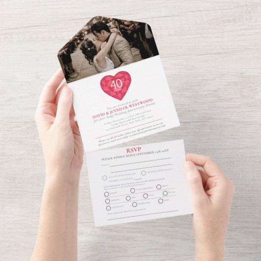 40th Rubyの記念結婚赤いハートRSVP写真 オールインワン招待状 (貼ってはがせる)