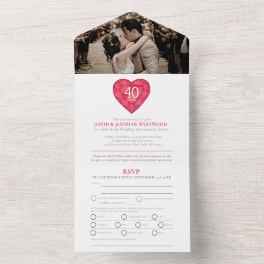 40th Rubyの記念結婚赤いハートRSVP写真 オールインワン招待状 (内側)
