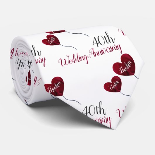 40th Ruby wedding anniversary red & white heart ネクタイ (ロール)