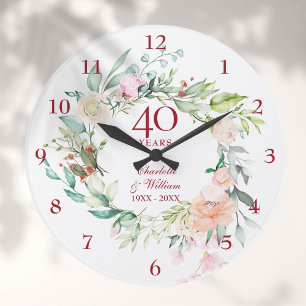 40th Ruby Wedding Anniversary Roses Floral ラージ壁時計