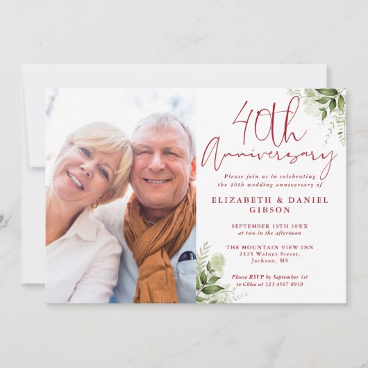 40th Wedding Anniversary Floral Greenery Photo 招待状 (正面)