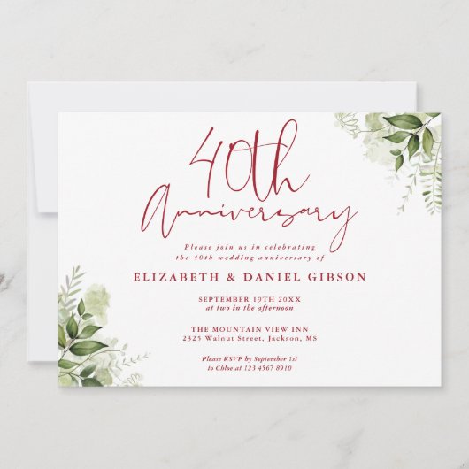 40th Wedding Anniversary Greenery Floral Photo 招待状 (正面)